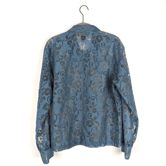 Vintage Mirasol Teal Sheer Floral Linen‎ Blend Button Down Blouse Size Medium - Picture 4 of 7
